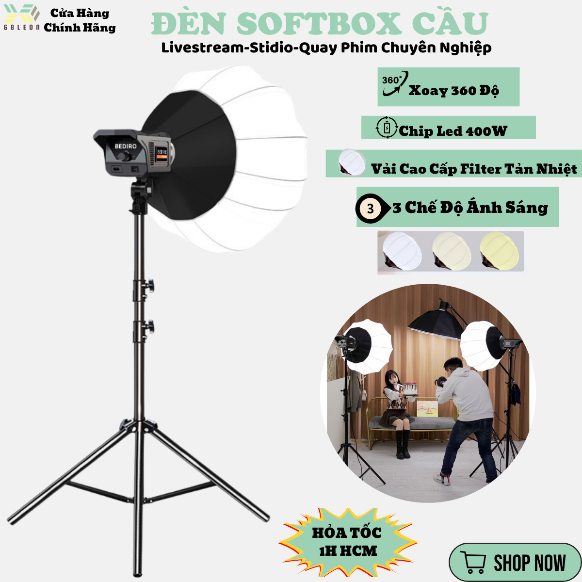 Bộ Đèn Livestream Softbox Cầu Bediro 400w Chụp Ảnh Quay Video Studio Chuyên Nghiệp 3 Chế Độ Ánh Sáng 68 LEON