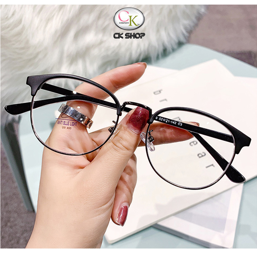 Gọng kính cận nam nữ mắt tròn kim loại/nhựa 10209 màu đen, nâu, xám. Tròng kính giả cận 0 độ chống ánh sáng xanh, chống nắng và tia UV (Tia cực tím)