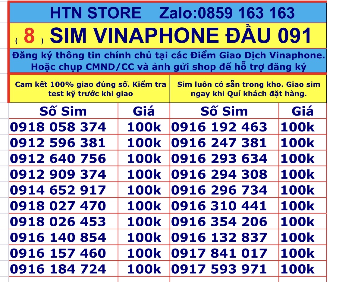 Sim vinaphone số đẹp đầu 091 vina trả trước sim nghe gọi và truy cập 4G, 5G - HTN