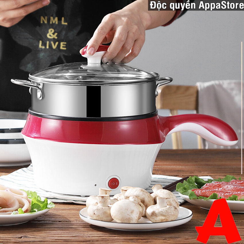 Nồi Lẩu Mini Đa Năng Điện 2 Tầng 1 Nấc Nhiệt Chống Dính Kèm Xửng Hấp Nướng Tiện Dụng 2 Ngăn 18cm