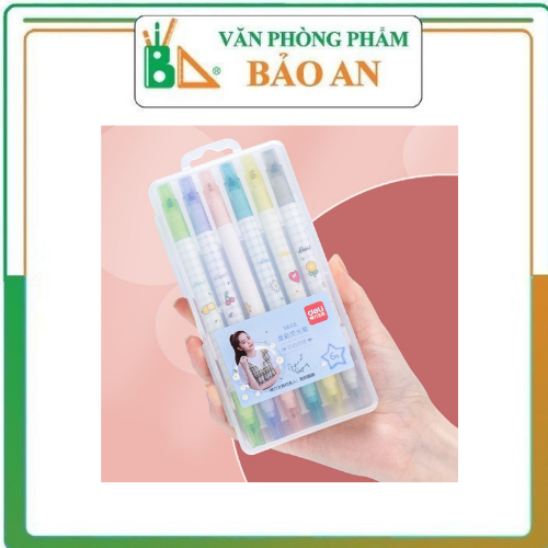 Bút nhớ dòng 2 đầu deli - 6 màu - nét trơn mượt, màu tươi sáng - 6 chiếc/1 hộp - s606