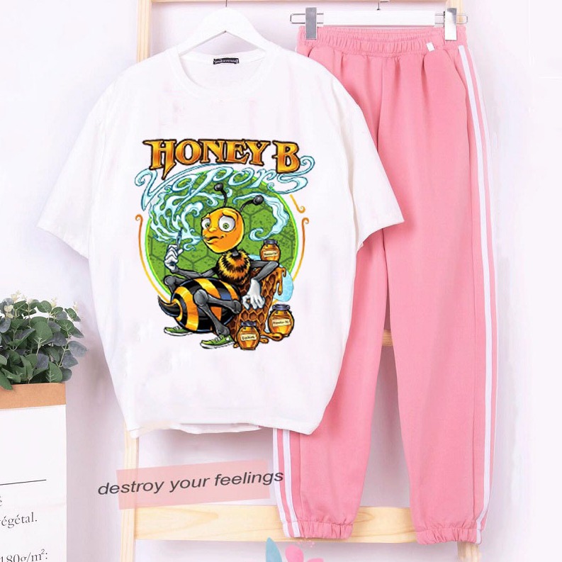 Sét Bộ Đồ Thời Trang Quần Áo Ulzzang Nam Nữ Mặc Đi Chơi Dễ Thương - Cá Tính In Cartoon Honey B Mix Quần Phong Cách