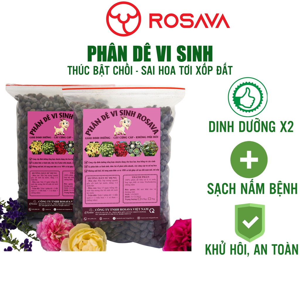 Phân dê hữu cơ vi sinh ROSAVA đã qua xử lý trồng lan, bón hoa hồng, giấy, sen đá, cây cảnh, dâu tây, rau