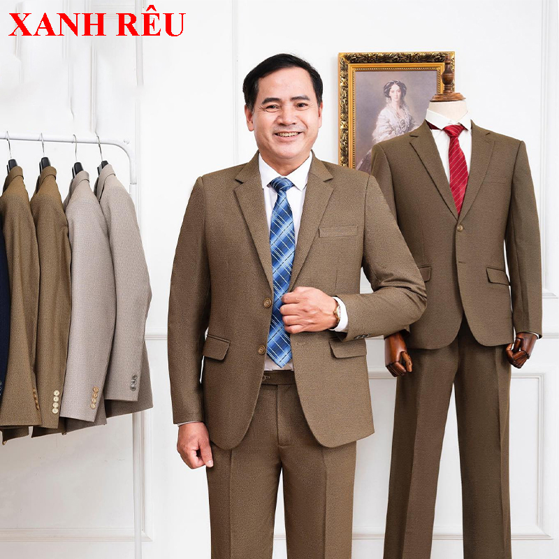 Bộ áo vest nam Trung niên VNXK Xanh rêu ( Gồm Áo Vest + Quần âu) dáng suông vải nhập khẩu cao cấp
