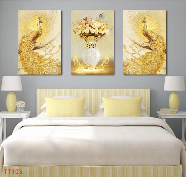Bộ 3 tấm tranh dán tường chim công uyên ương dát vàng -Trang décor phong cách hiện đại
