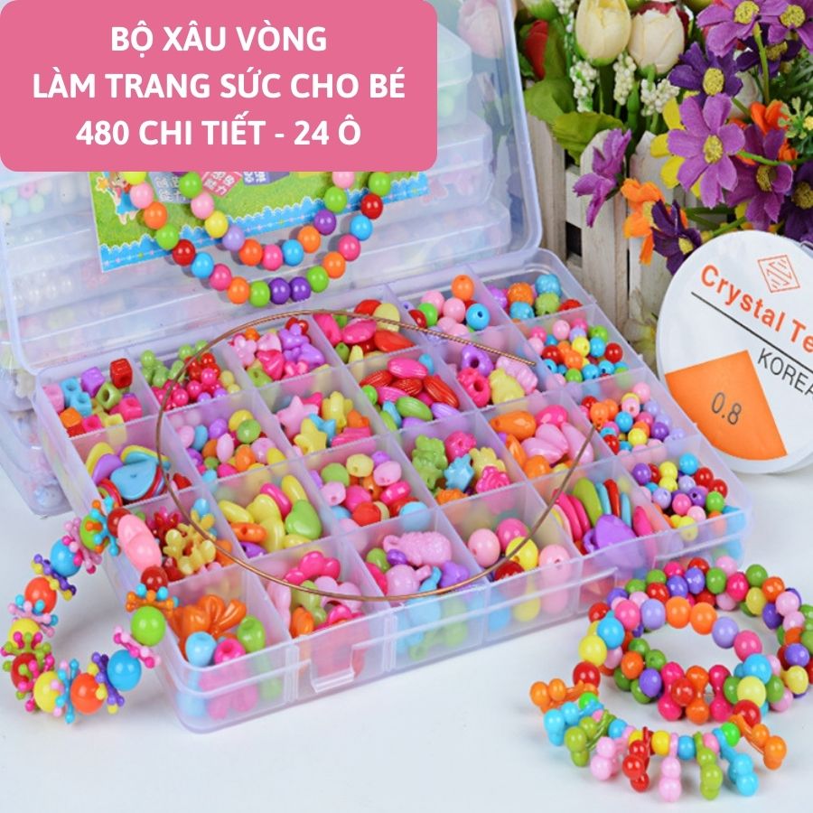 Bộ xâu vòng hạt cườm, xâu vòng cổ, vòng tay, bộ hạt xâu vòng 10 ô - 24 ô cho bé gái kèm nhiều phụ kiện