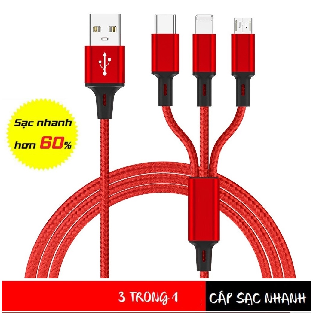 Cáp sạc nhanh 3 đầu đa năng | dây sạc điện thoại thông minh lightning micro usb type-c dành cho điện thoại iphone samsung android