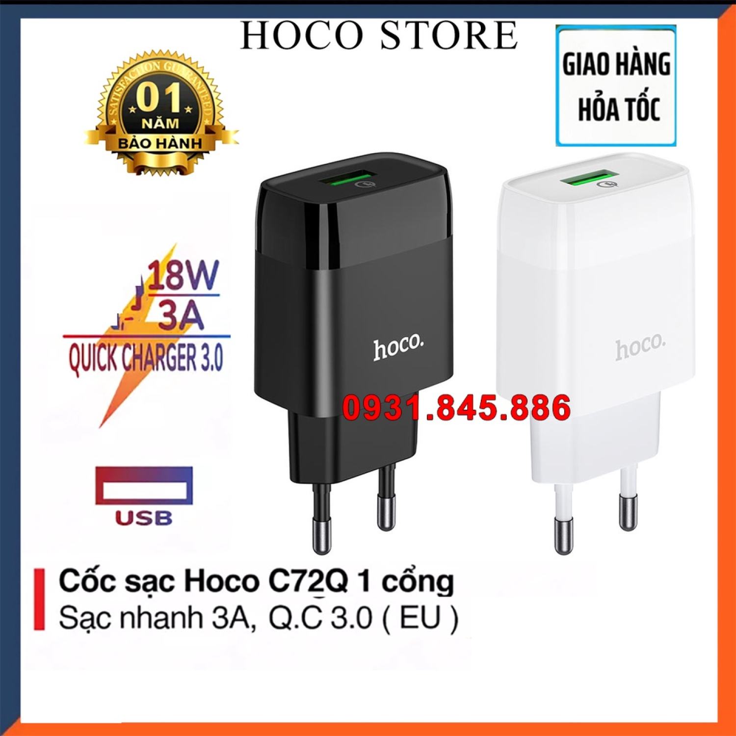 Cốc sạc nhanh chính hãng 18w hoco c72q củ sạc nhanh điện thoại cổng usb ip.hone i.pad cho tất cả thiết bị hiện nay và android: samsung, oppo, huawei