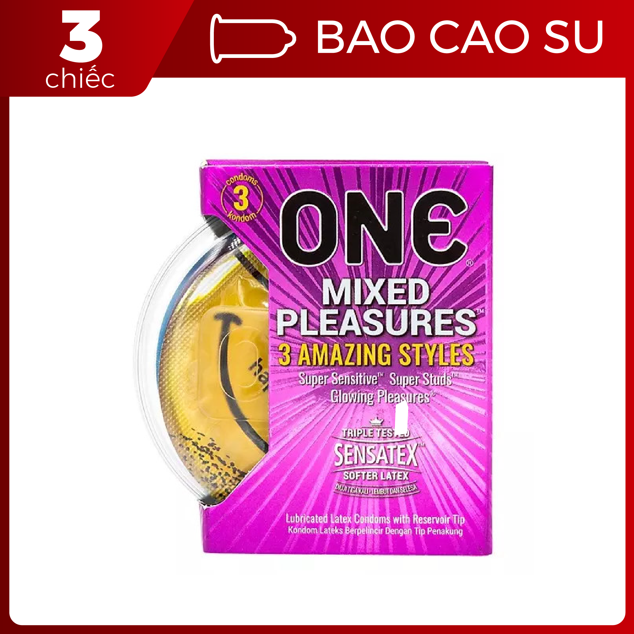 [HCM][XẢ HÀNG BAO ONE HẤP DẪN][CHE TÊN KÍN ĐÁO AN TOÀN]ONE Bao cao su 3 trong 1 Mixed Pleasures hàng chính hãng/Authentic/Màu tím Hộp 3 cái