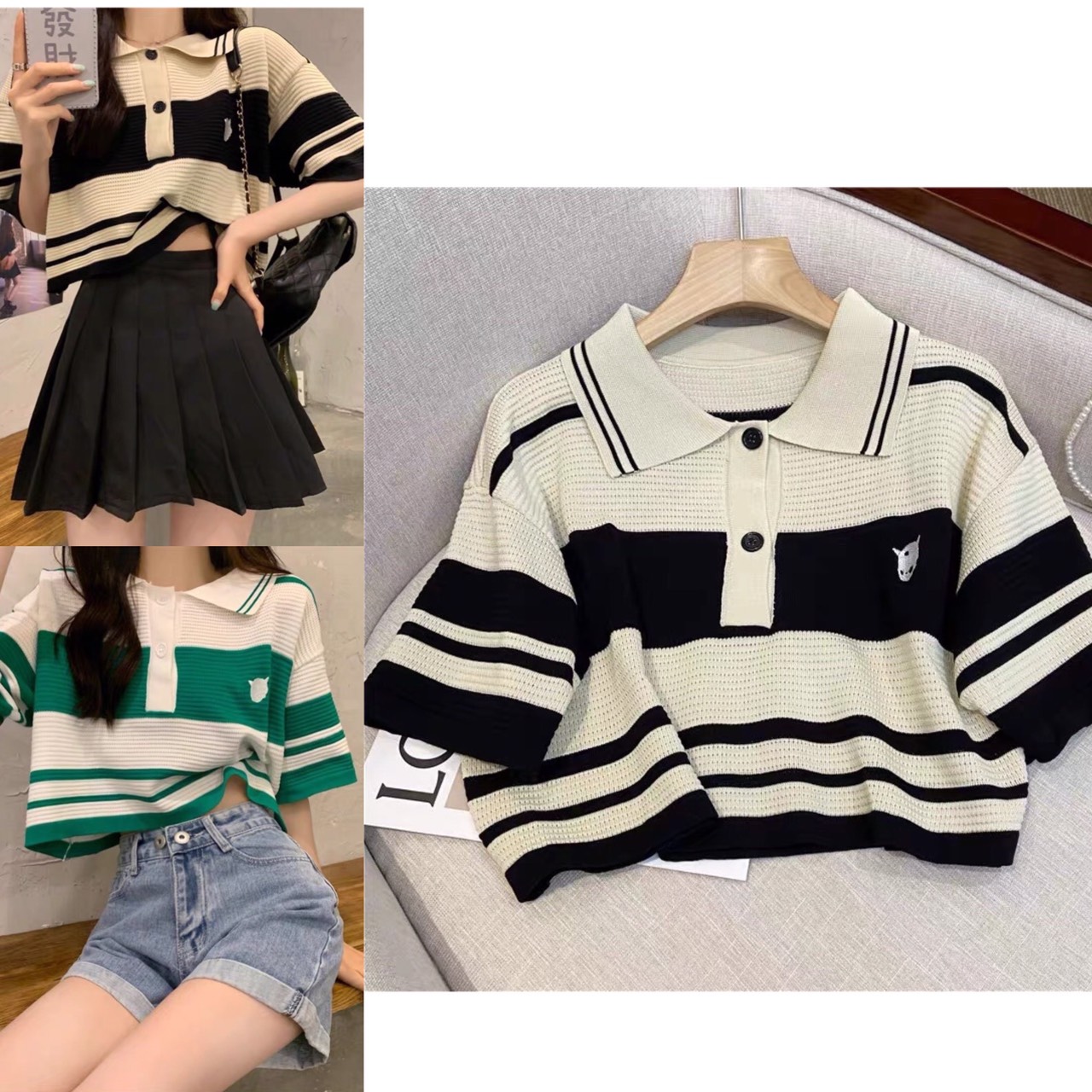 Áo croptop len kẻ dáng rộng cổ bẻ trẻ trung