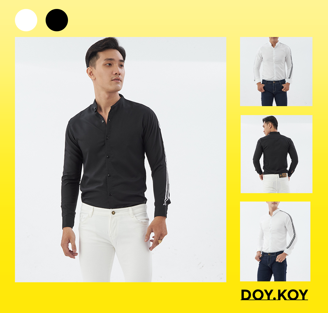 Áo sơ mi nam cổ tàu viền dây cánh tay lịch lãm thời trang áo sơ mi nam cổ trụ- DOY.KOY