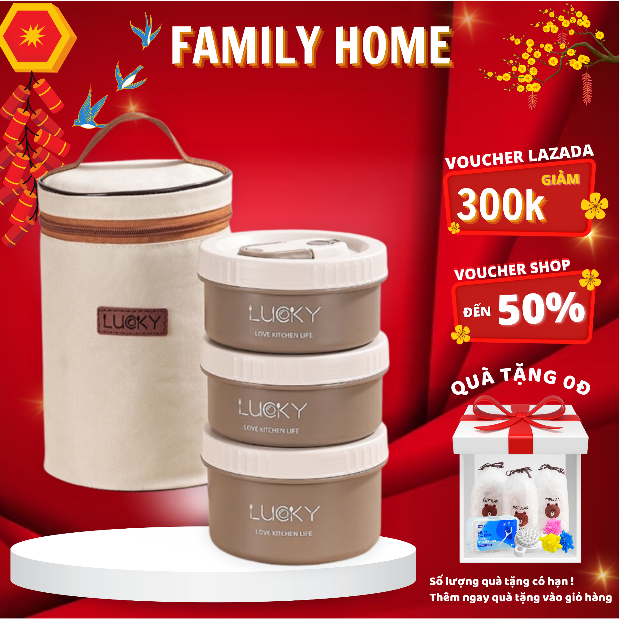 Hộp đựng cơm giữ nhiệt, túi đựng cơm lucky, hộp cơm trưa văn phòng cách nhiệt 3 tầng bằng thép không gỉ 304 tặng kèm túi có tay cầm