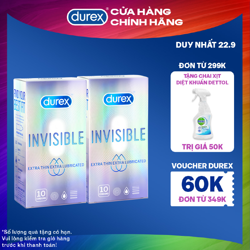 Bộ 2 hộp bao cao su Durex Invisible Lubricated siêu mỏng bôi trơn size 52mm 10 bao/hộp