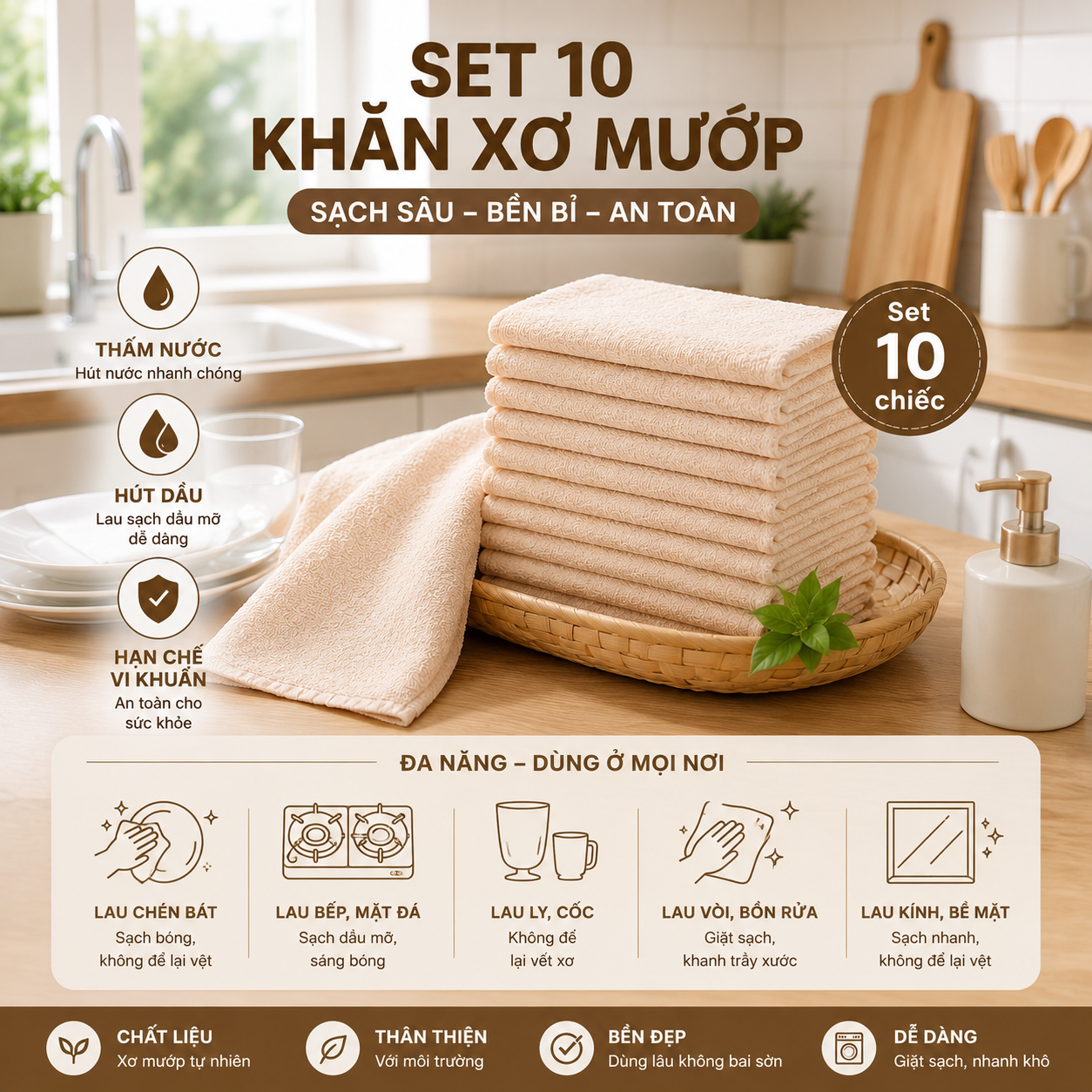 Combo 10 Khăn XƠ MƯỚP MÀU KEM 20x20cm - khăn Lau Chén Dĩa Bằng Xơ Mướp Thấm Hút Tốt Chống Dầu Mỡ Tiện Dụng Cho Nhà Bếp, Giẻ Rửa Bát Chén Dĩa, Cọ Rửa Xoong Nồi Chống Bám - Nhanh Khô Dùng Cho Nhà Bếp - khăn lau bếp thấm hút tốt đa năng, khăn bếp, khăn