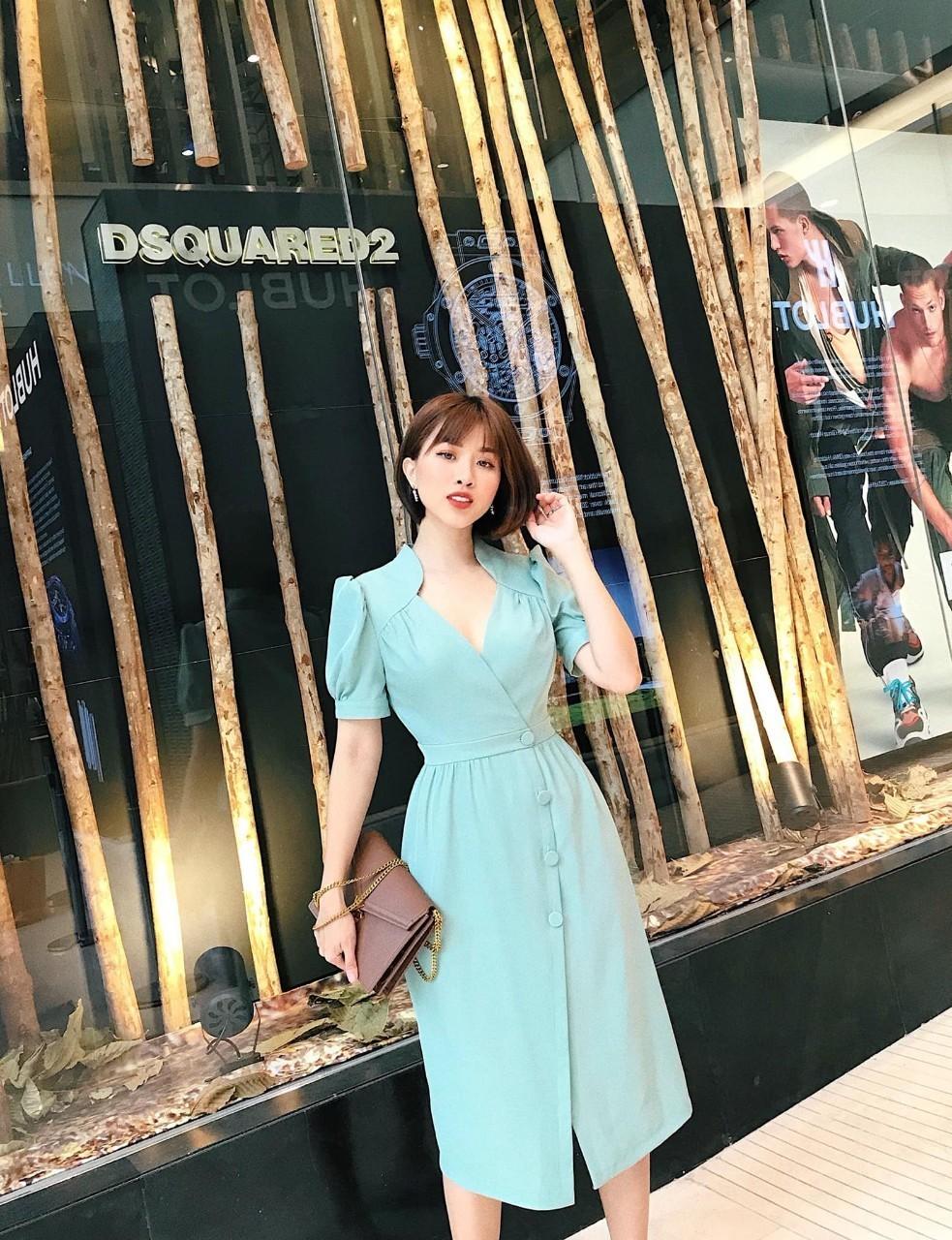 Đầm voan phối nút cổ V, đầm công sở, đầm dự tiệc, đầm đi chơi