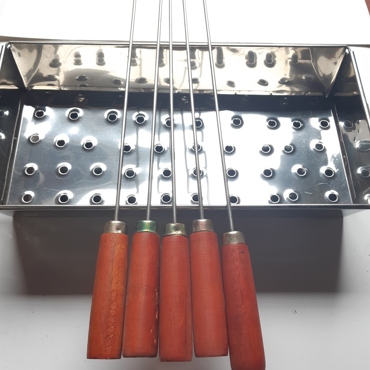 Combo 5 xiên nướng thịt inox 60cm chuôi gỗ