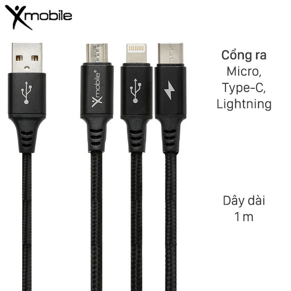Cáp 3 đầu lightning type c micro 1m xmobile dr002 đen