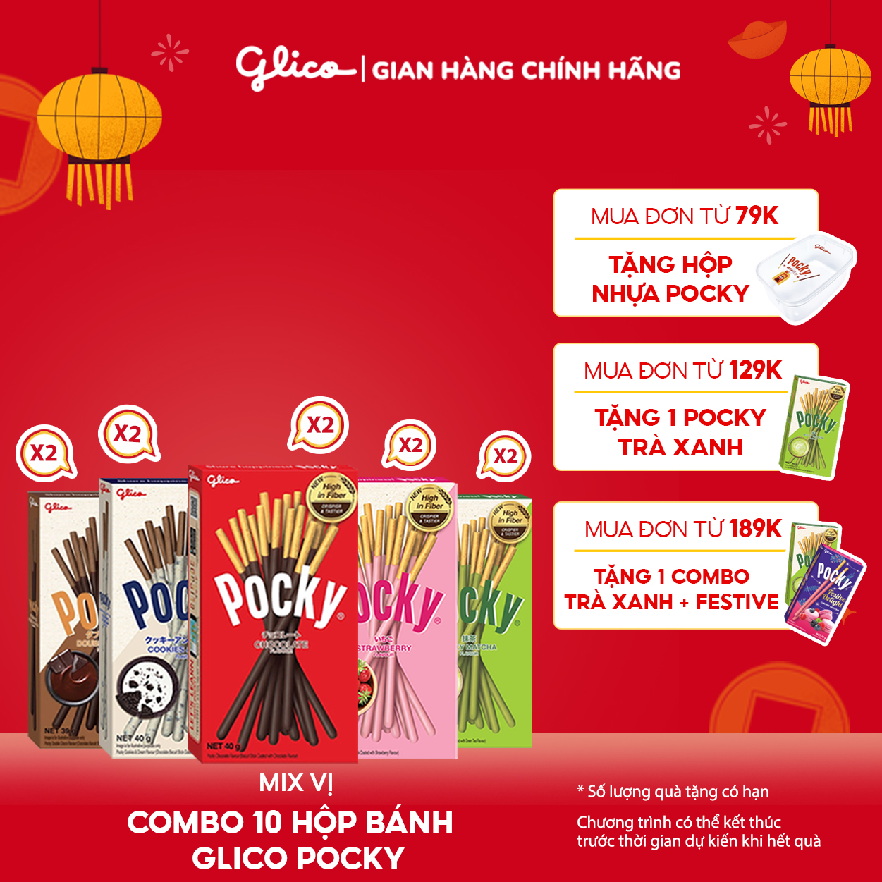 Combo 10 Hộp Bánh Que Phủ Kem Nhiều Vị Glico Pocky (2 Chocolate - 2 Cookie & Cream - 2 Dâu - 2 Matcha - 2 Double Choco)