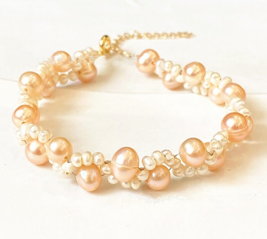 14k Gold-Wrapped Handmade Natural Freshwater White Pearl And Pink Pearl Bracelet