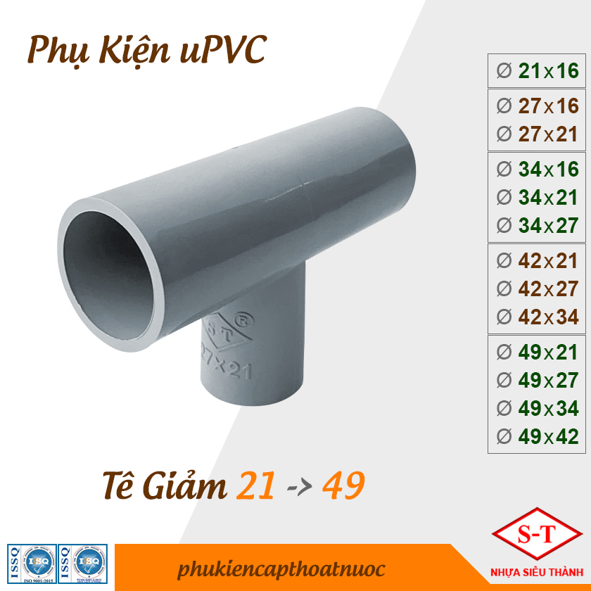 Tê giảm pvc nối ống từ phi 21 -> 49 phụ kiện nhựa st