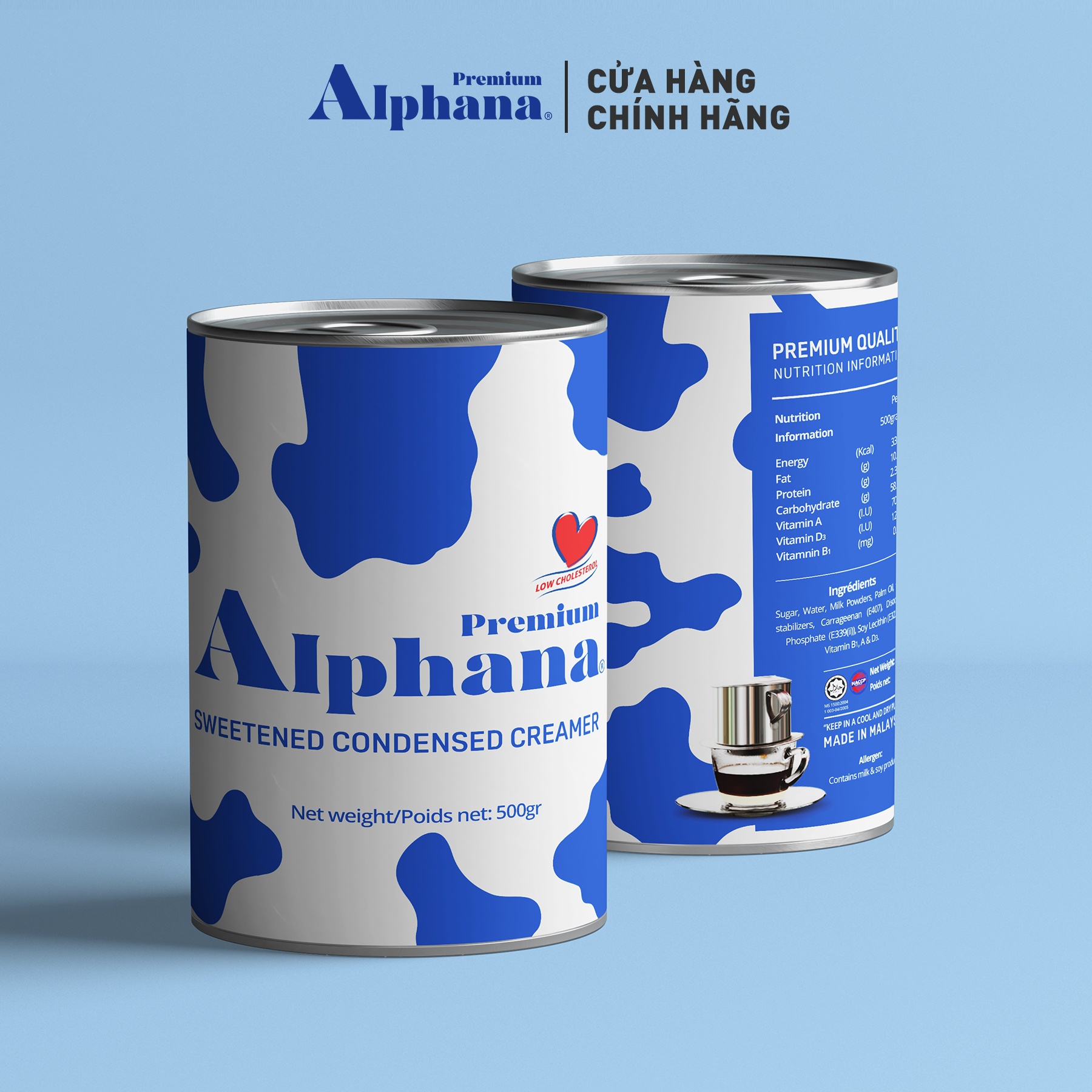 GIÀU VITAMIN - Sữa Đặc Có Đường Creamer Premium Alphana nhập khẩu Malaysia Lon 500g Giàu Protein Vitamin A D3 B1 - Nắp Khui Tiện Dụng