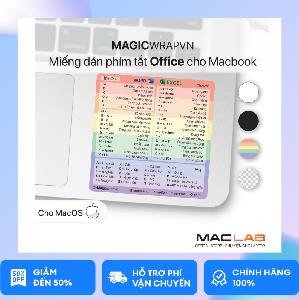 Miếng dán phím tắt office word excel cho macbook, macos | magicwrapvn