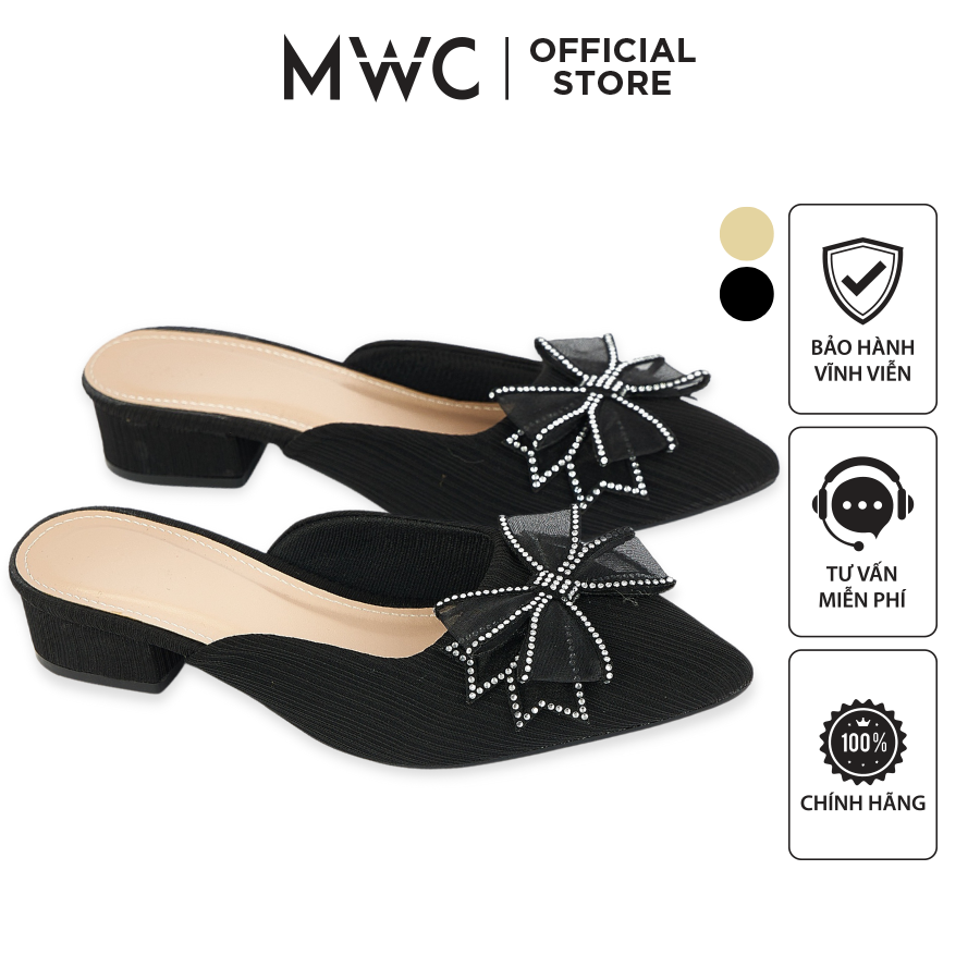 Giày mwc 4174 - sục cao gót đế vuông 3cm, dép sục cao gót đính nơ bánh bèo nữ tính