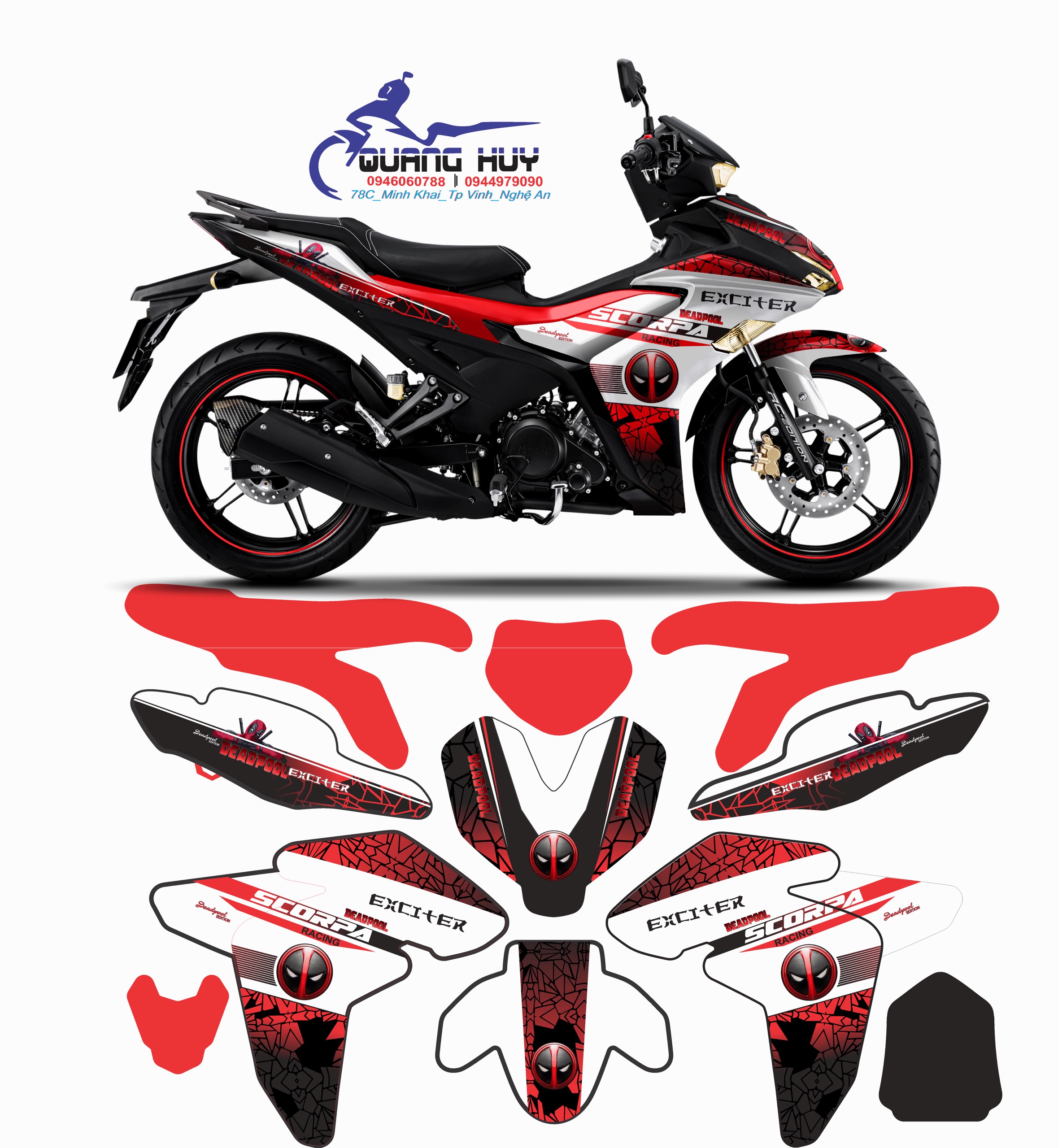 Tem trùm xe exciter 155 deadpool ĐỎ TRẮNG đẹp - Tem dán xe máy exciter 155 deadpool ĐỎ TRẮNG thiết kế theo yêu cầu - tem trùm exciter 155 độ chế đẹp và rẻ chất