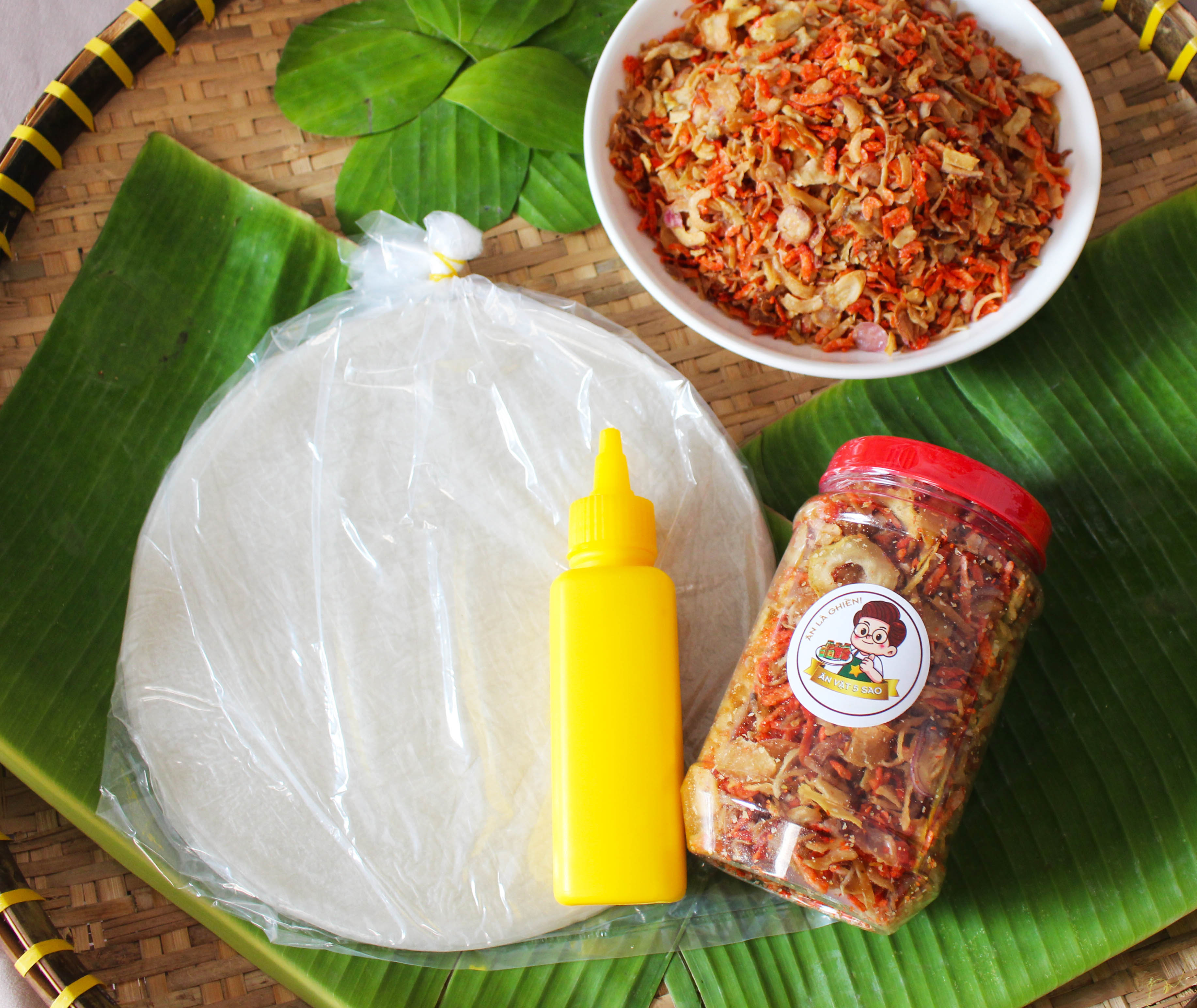Combo Bánh tráng phơi sương 250gr + muối ruốc hành phi 200gr + tặng kèm bơ chai - Ăn vặt năm sao - Combo Siêu rẻ 250gr
