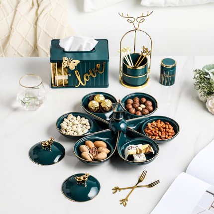 Khay đựng bánh kẹo hình hoa hướng dương-khay đựng mứt tết bằng gốm sứ cao cấp sang trọng-khay đựng mứt màu xanh cực đẹp