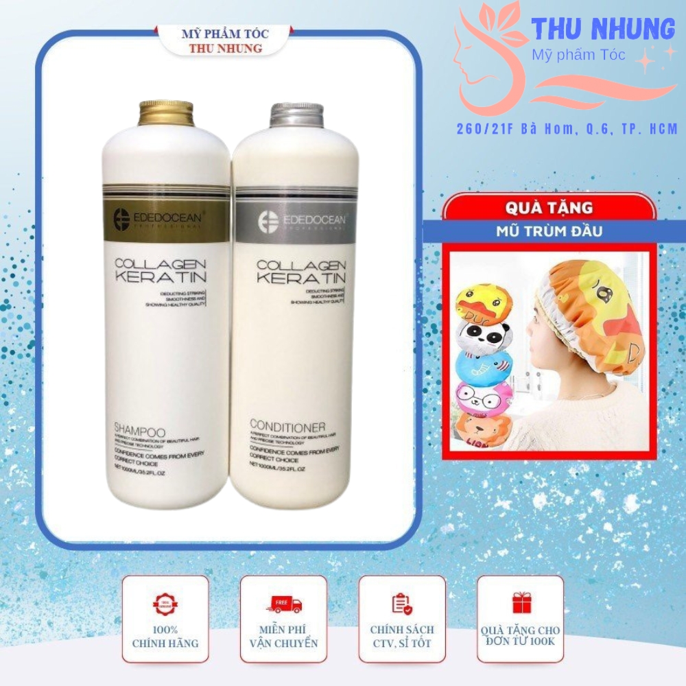 Bộ dầu gội xả Edocean Collagen Keratin siêu mượt phục hồi chông gãy rụng 1000ml
