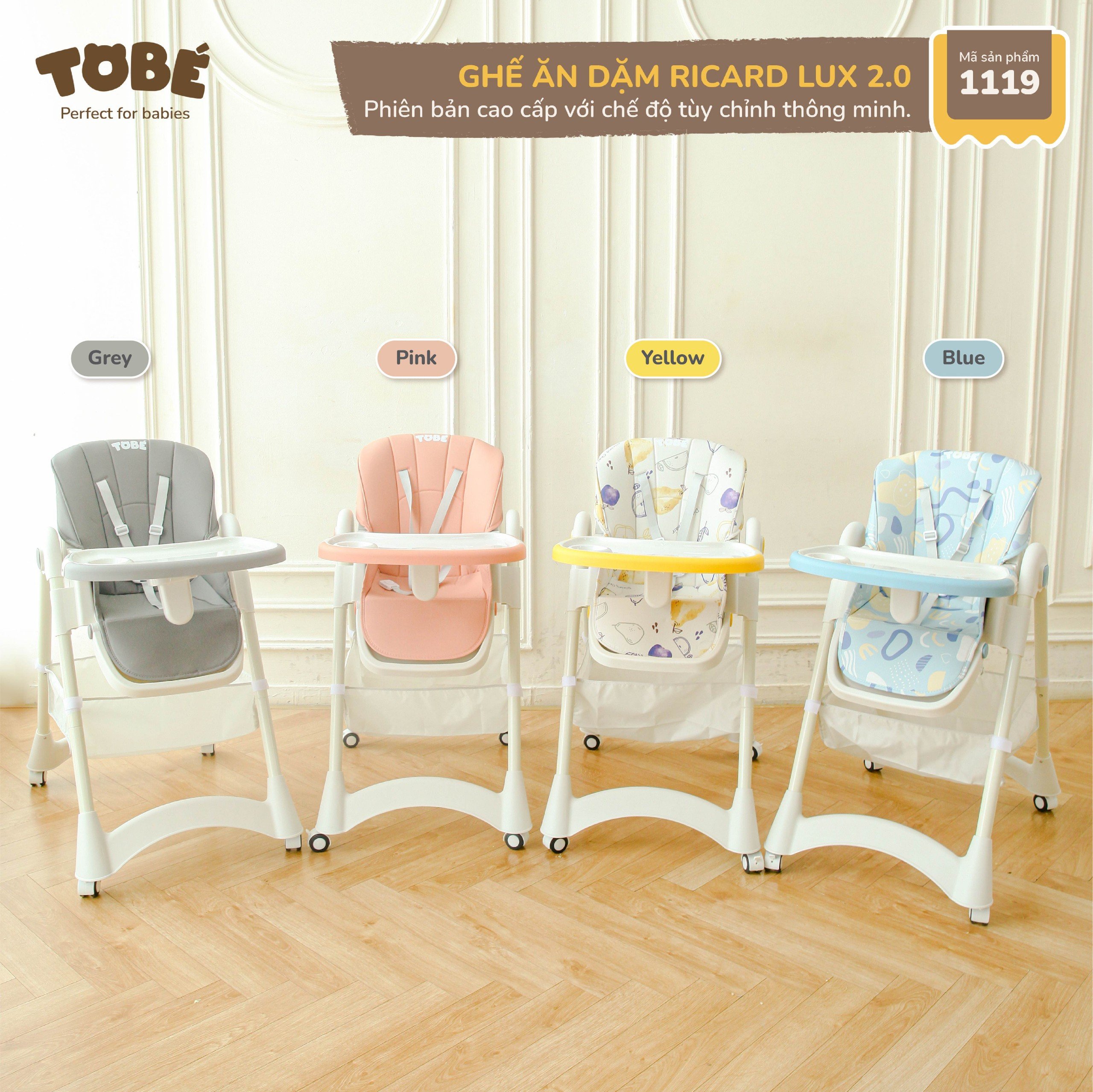 Ghế ăn dặm tobe ricard, ricard lux 2.0, ricard pro cao cấp đa chức năng nâng hạ độ cao dễ dàng hiện đại cải tiến cho bé