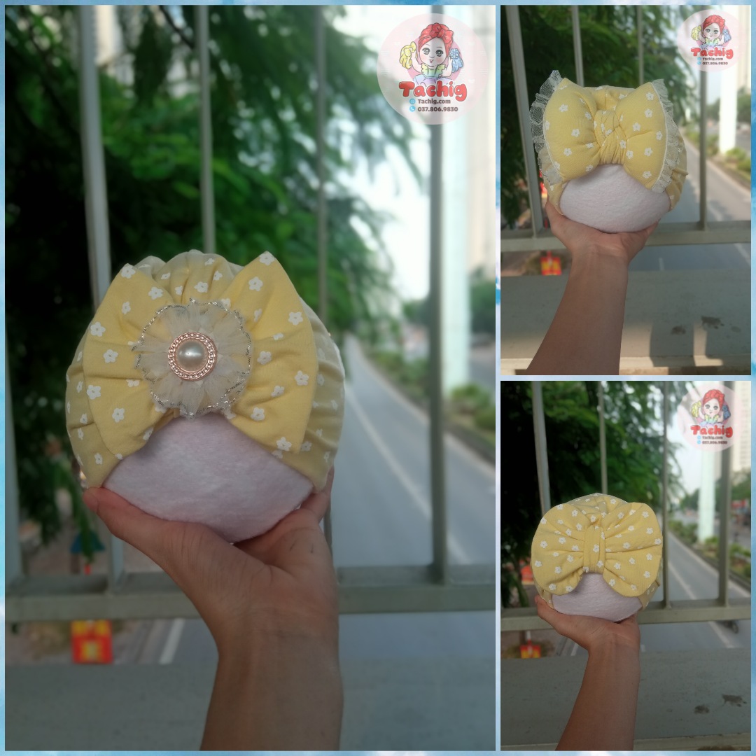 Mũ tuban cho bé, màu vàng hoa trắng nhí, nhiều kiểu dáng.