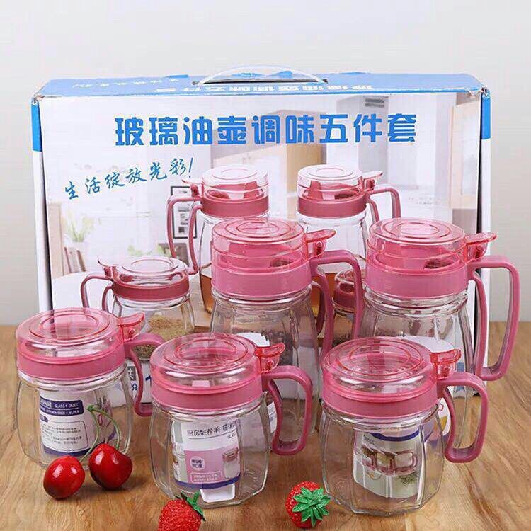 Bộ 5 lọ đựng gia vị thủy tinh nắp hồng