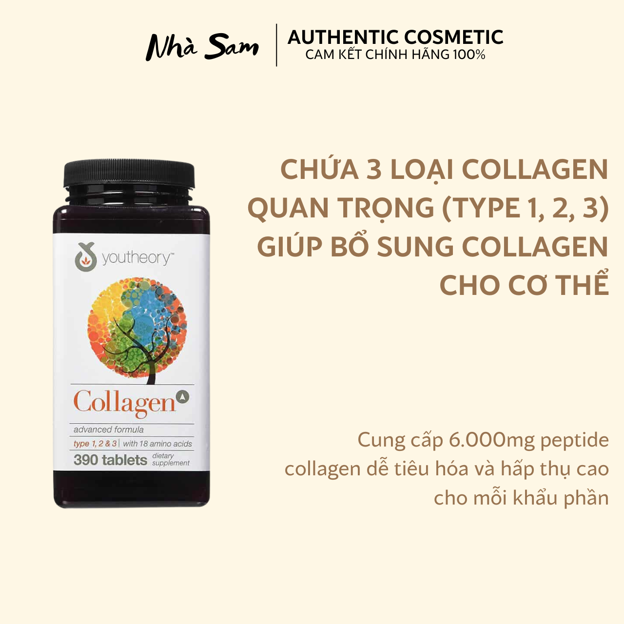 Viên Uống Collagen Youtheory Type 1, 2 & 3 Của Mỹ Hỗ Trợ Tái Tạo Cấu Trúc Da, Duy Trì Độ Dẻo Dai Hộp 390 Viên | Nhà Sam