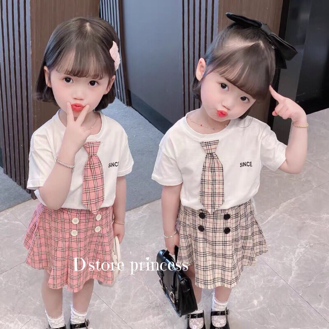 8kg - 20kg Set bé gái set áo phông chân váy xoè kẻ cực xinh cho bé gái D001