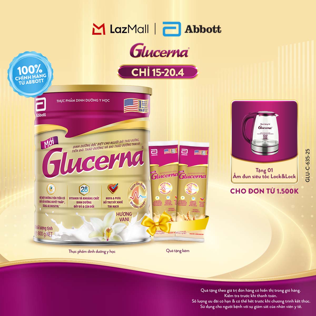[CHỈ 15-20.04 QUÀ TẶNG CHO ĐH 1500K-SLCH] [Tặng 2 gói dùng thử] Sữa bột Glucerna hương vani 800g (Bao bì thay đổi theo từng đợt nhập hàng)