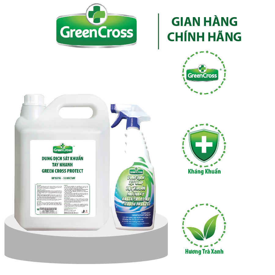 Nước rửa tay sát khuẩn nhanh green cross protect - can 5 lít tặng thêm 1 chai xịt khuẩn bề mặt green cross a2 500ml