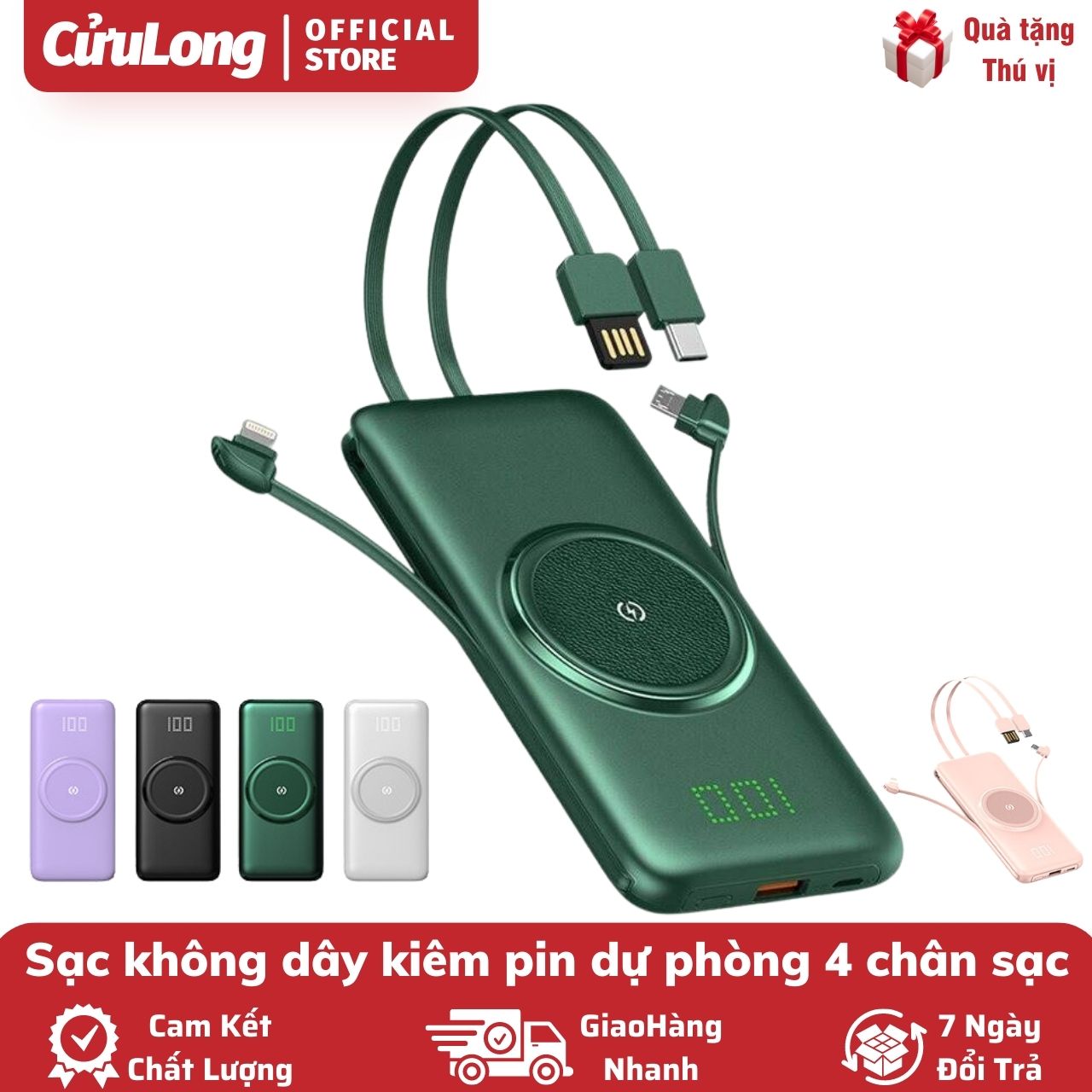 Pin Sạc Dự Phòng Không Dây Thông Minh Chuẩn QI, 4 Đầu Lightning Type C Và Micro USB, sạc ko dây dự phòng cho iphon 11 12 13 14 pro max samsun