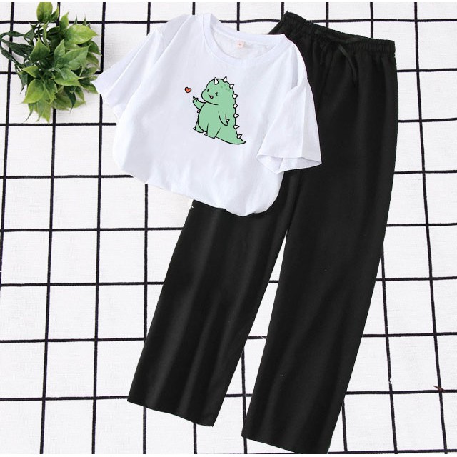 [HAN HAN SHOP 339] Sét Bộ Quần Áo Nữ Mặc Đi Chơi,Ở Nhà Áo Thun Phông Cotton Organic Ngắn Tay In Khủng Long Bắn Tim Kèm Quần Rộng Sạn