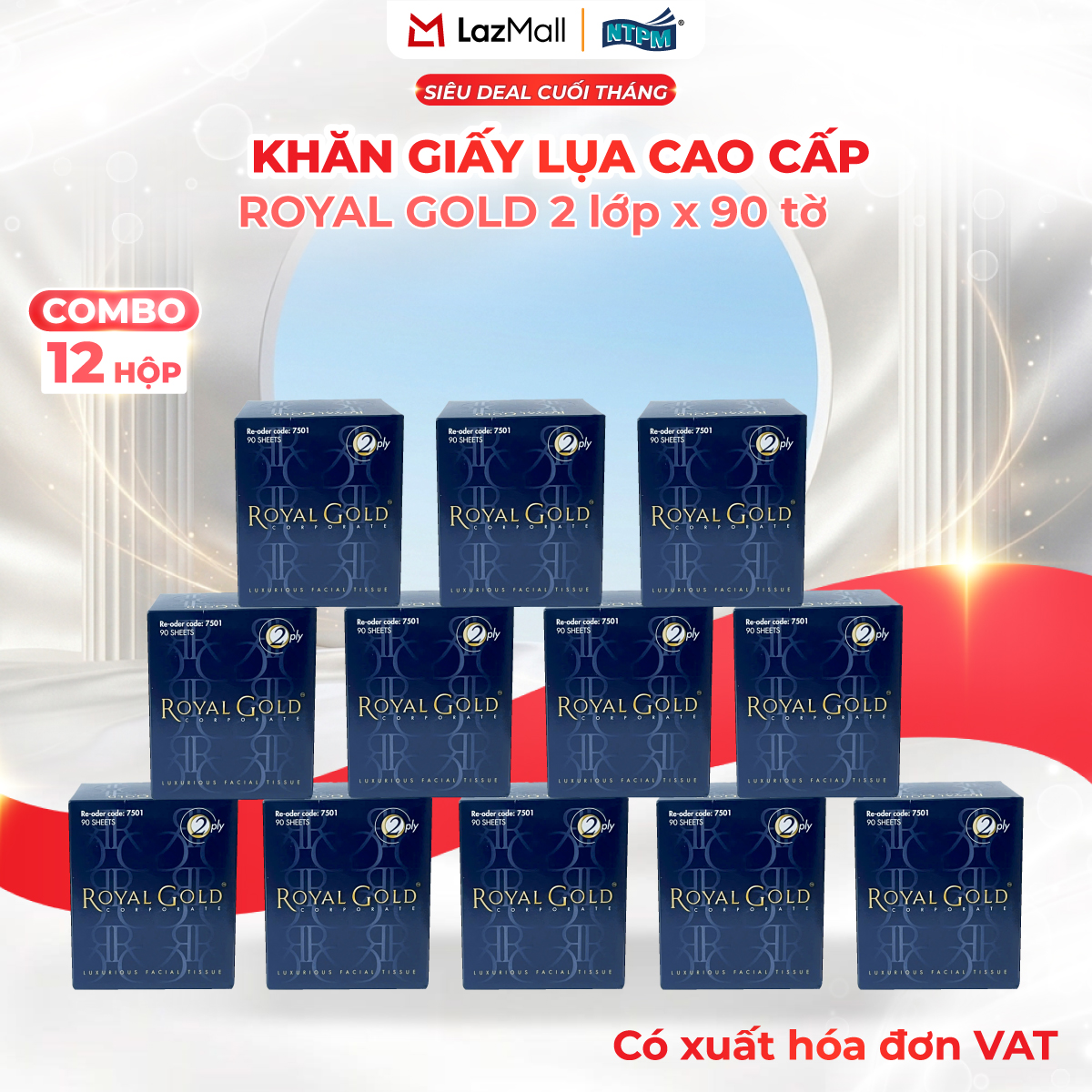 [COMBO 12 HỘP] Khăn giấy lụa Royal Gold, 2 lớp - 100% bột giấy nguyên sinh, không chất tẩy, 90 tờ/hộp - Chính hãng