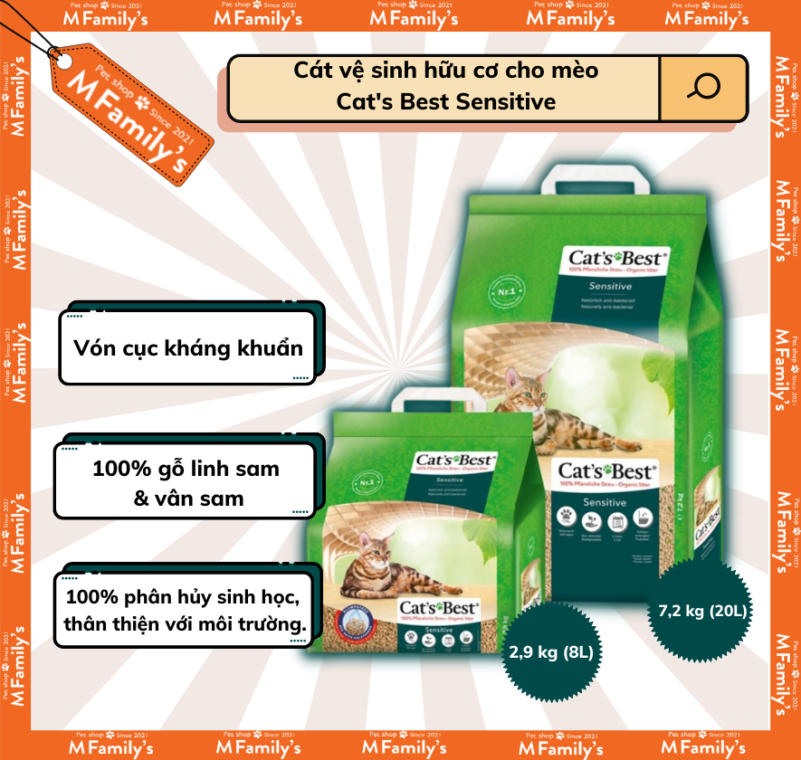 Cát gỗ vệ sinh cho mèo cat's best sensitive 20l - cát gỗ hữu cơ cho mèo