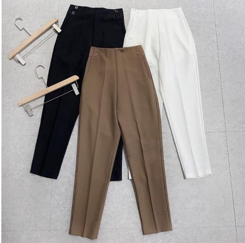 Quần baggy nữ cạp cao tây âu công sở 4 khuy dáng dài vải đen trắng nâu - Quần beggy nữ lưng cao 4 khuy Beemit