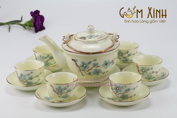 Ấm chén Bát Tràng_Bộ bình trà dáng Cù men kem vẽ hoa đào vàng kim