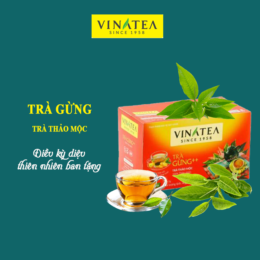 Trà Vinatea trà gừng, có hương thơm của cốm non với vị chát dịu nhẹ, đặc trưng từ những búp trà tươi tuyển chọn từ vùng trà Thái Nguyên