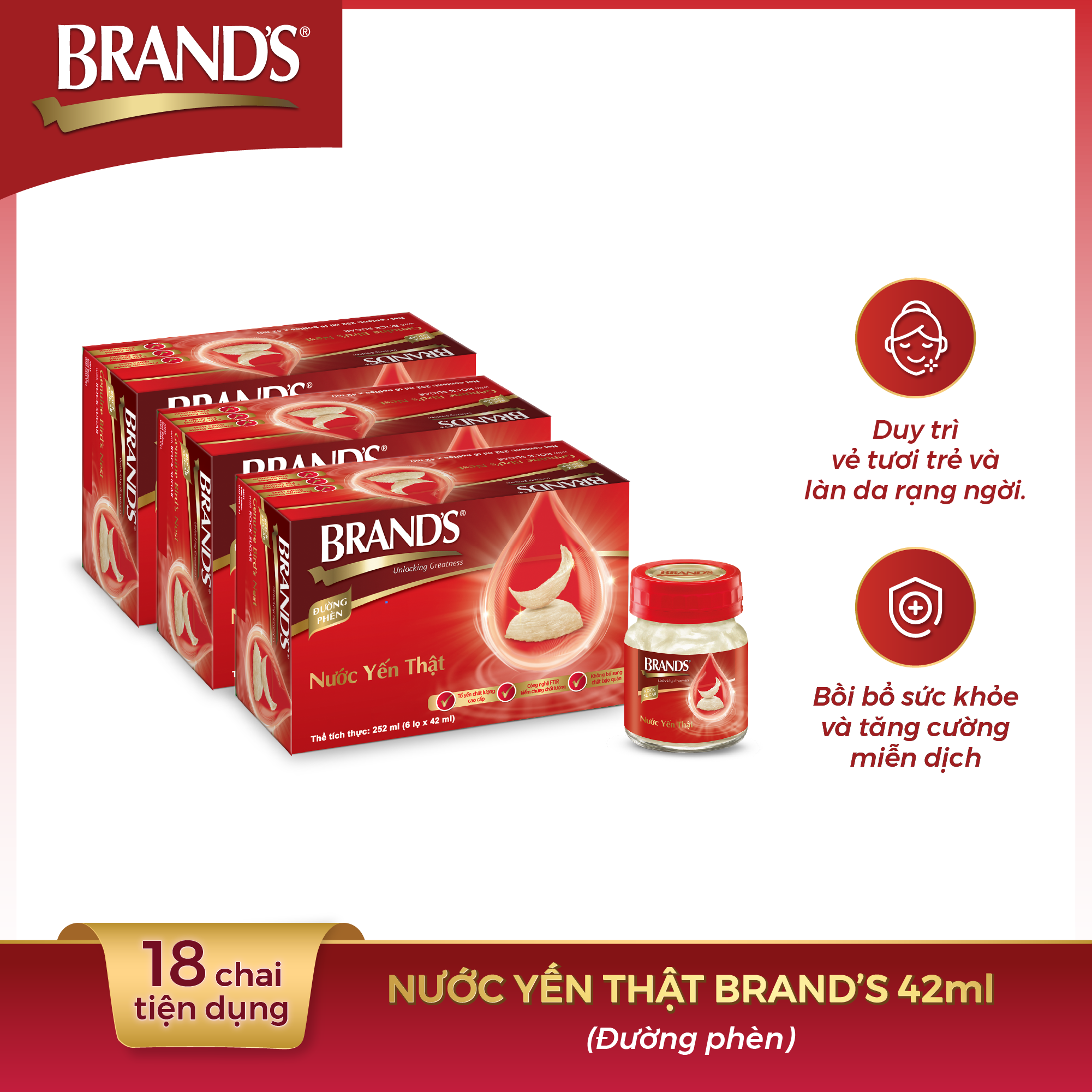 Combo 3 Hộp 6 Chai Nước Yến Thật BRAND'S Đường Phèn (42g/Chai)