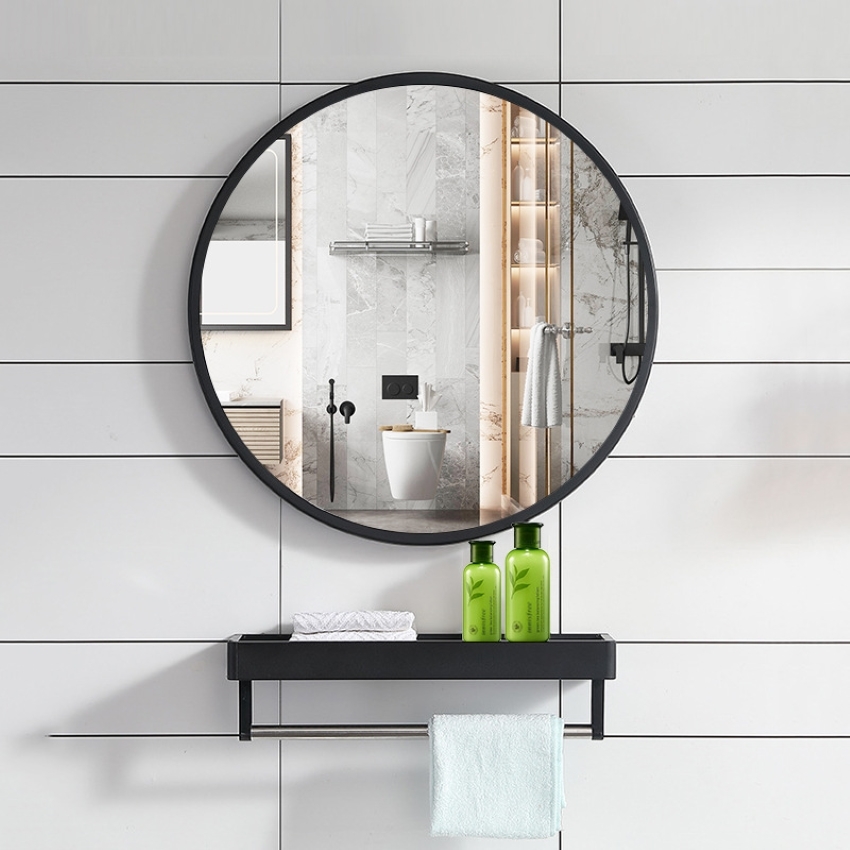 Gương nhà tắm và kệ gương, gương kiểu tròn kích thước 40cm khung nhôm màu đen chắc chắn