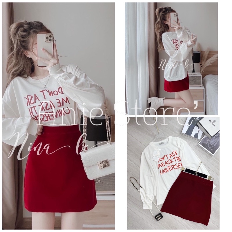Bộ Chân Váy Da Cá Áo Thun Dài Tay ASK ME 🦋 Set Váy Chữ A Đỏ Kèm Áo Tay Bồng 🦋