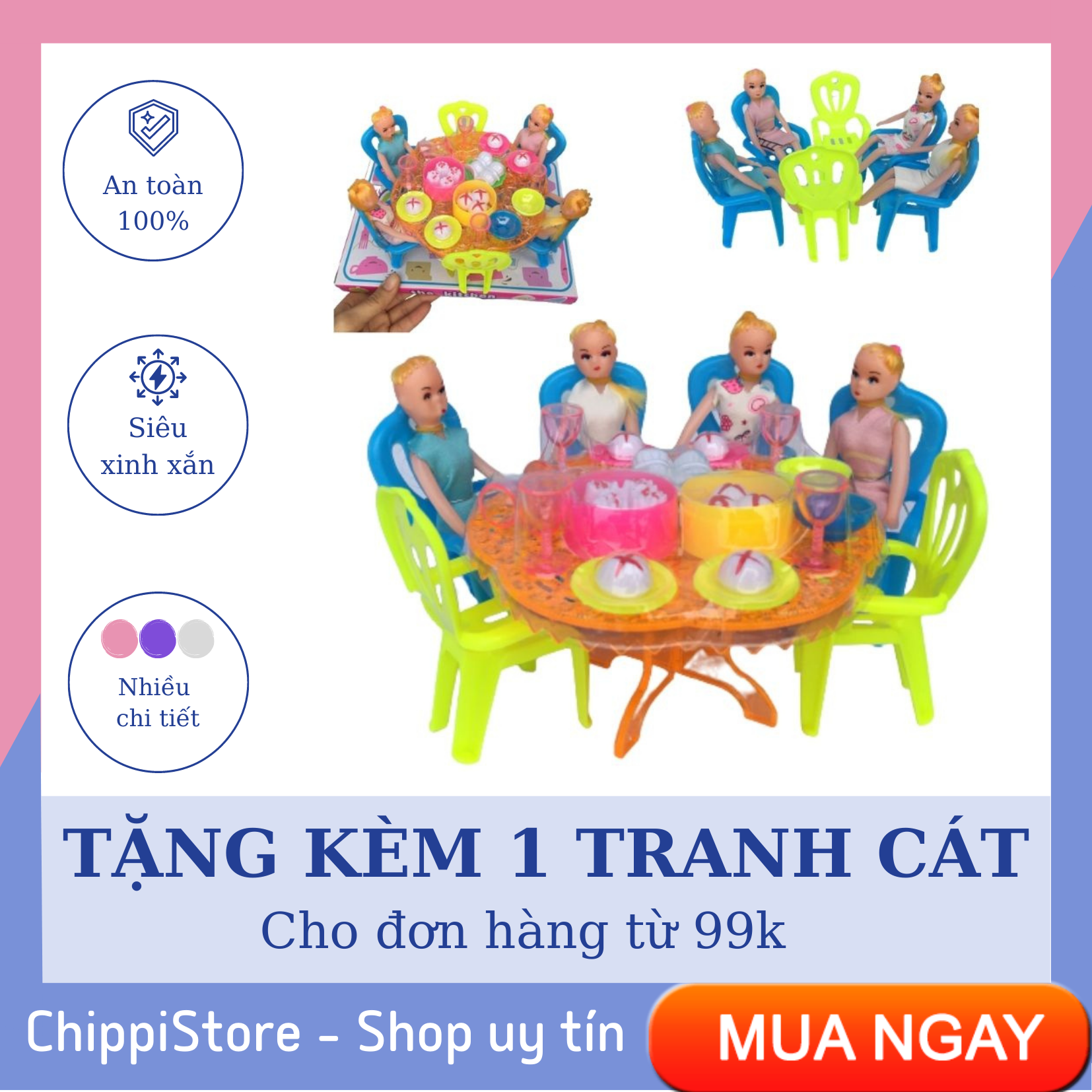 Bộ đồ chơi búp bê ngồi quanh bàn ăn, búp bê ngồi bàn tròn, 4 búp bê nấu ăn bàn tiệc