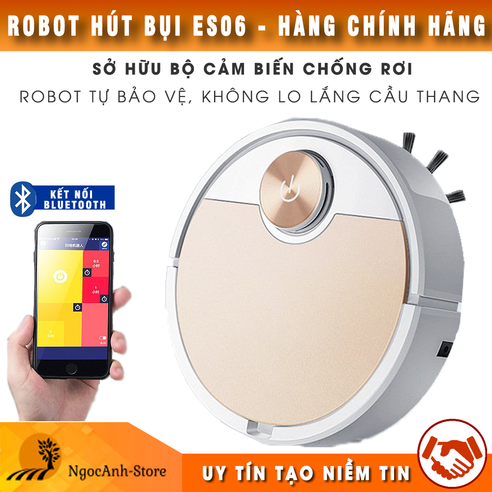 Robot hút bụi, robot hút bụi lau nhà es06, robot hút bụi thông minh es 06, bộ cảm biến chống rơi, điều khiển qua điện thoại, vận hành êm ái